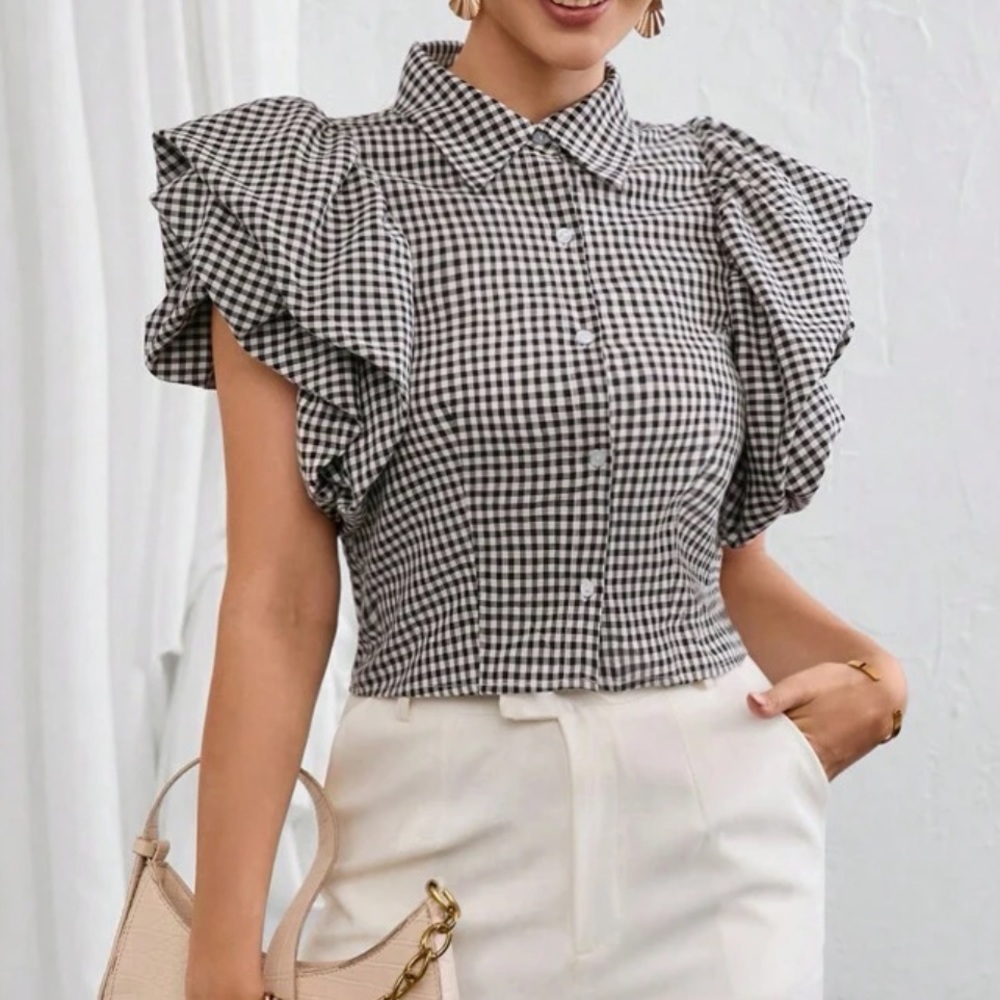 Classic Elegant Gingham Print Butterfly Sleeve Button Down Shirt Top Blouse